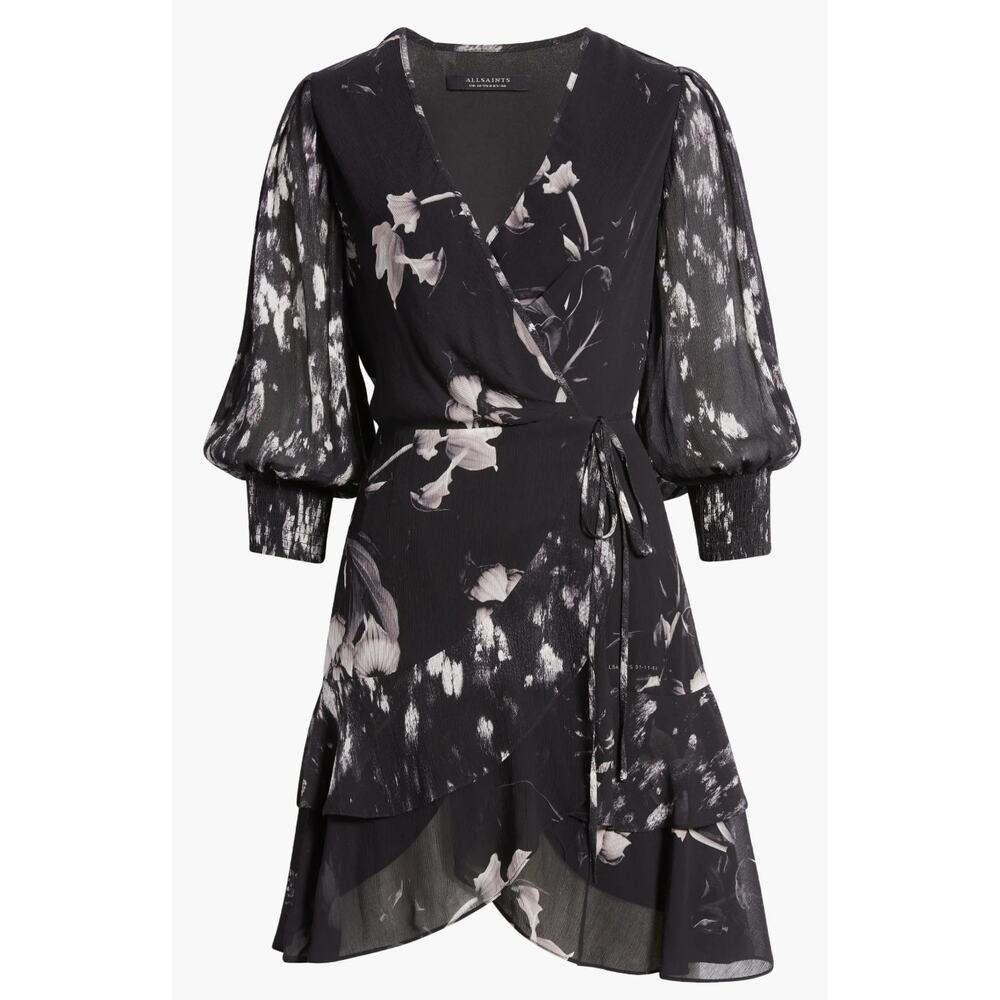 ALLSAINTS Ari Pauline Black Floral True-Wrap Ruffle Dress Size 4 Whimsigoth Emo - Picture 2 of 11